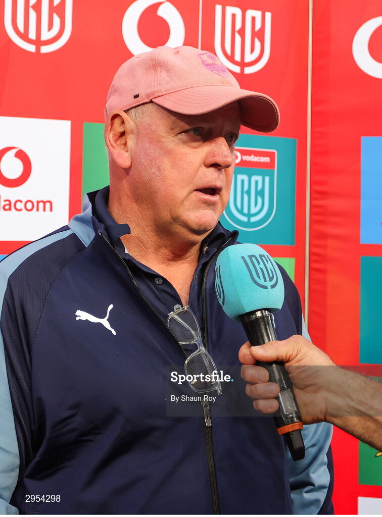 5 October 2024; Vodacom Bulls director of Rugby Jake White is interviewed after the United Rugby Championship match between Vodacom Bulls and Ulster at Loftus Versfeld Stadium in Pretoria, South Africa. Photo by Shaun Roy/Sportsfile