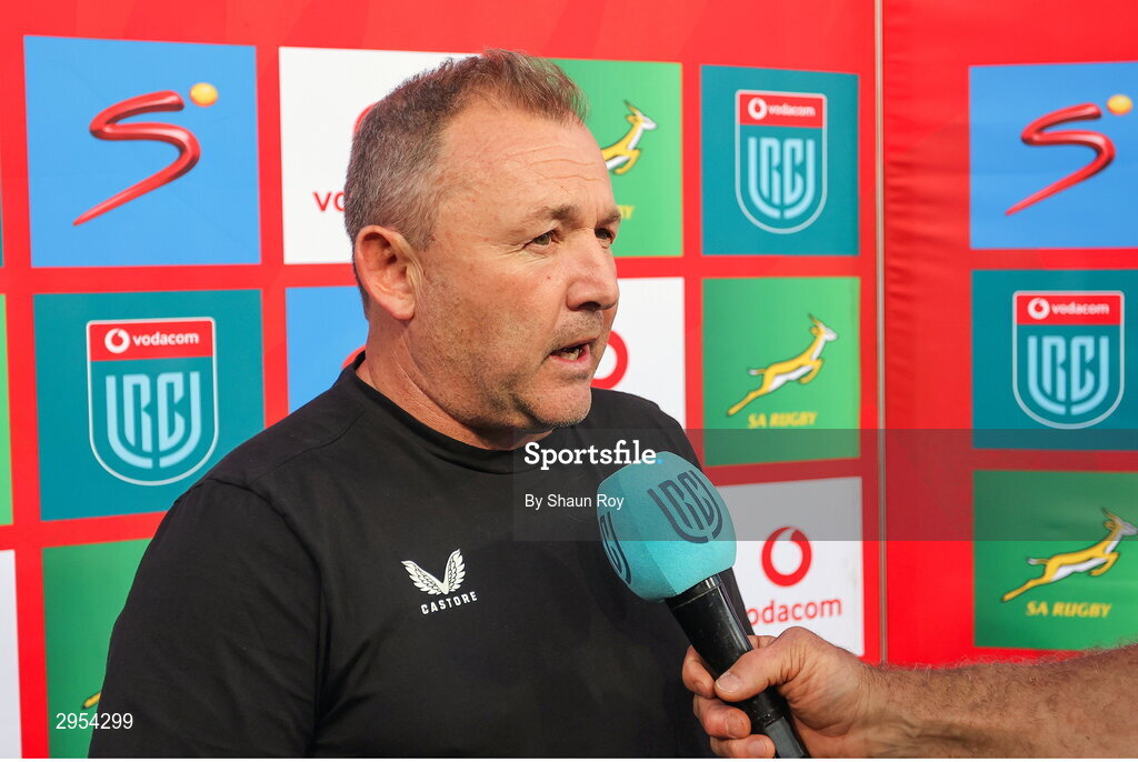 5 October 2024; Ulster head coach Richie Murphy is interviewed after the United Rugby Championship match between Vodacom Bulls and Ulster at Loftus Versfeld Stadium in Pretoria, South Africa. Photo by Shaun Roy/Sportsfile