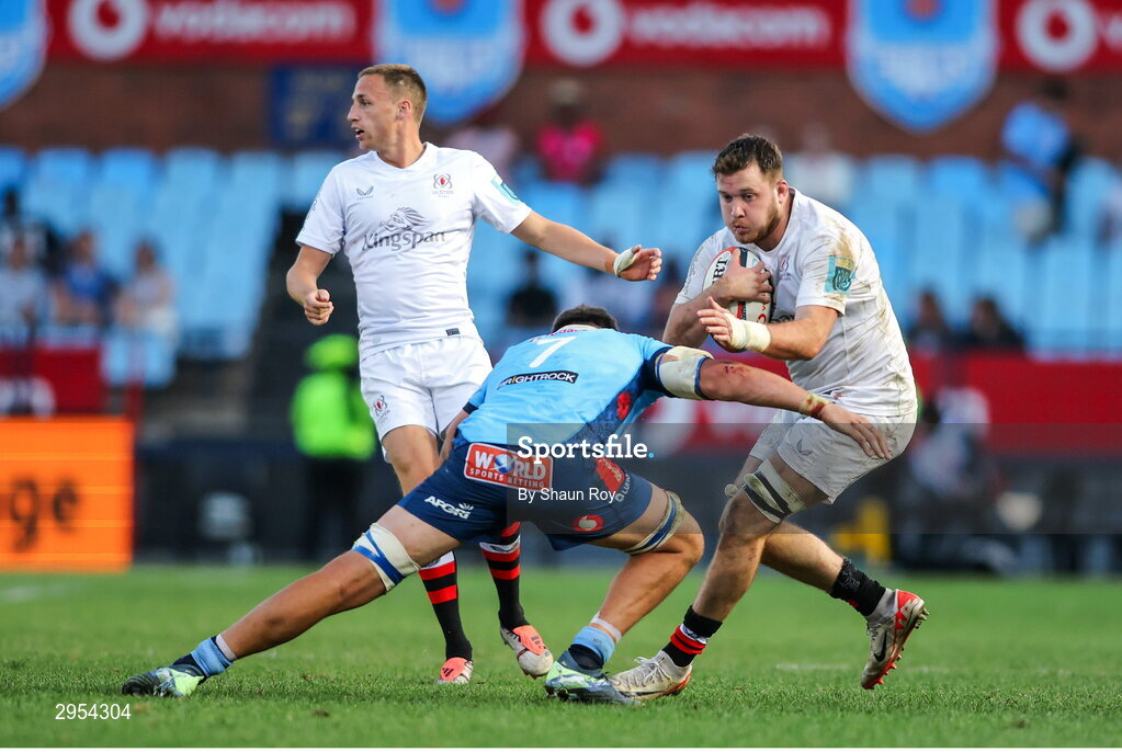 5 October 2024; Sean Reffell of Ulster attempts to get past Elrigh Louw of Vodacom Bulls during the United Rugby Championship match between Vodacom Bulls and Ulster at Loftus Versfeld Stadium in Pretoria, South Africa. Photo by Shaun Roy/Sportsfile