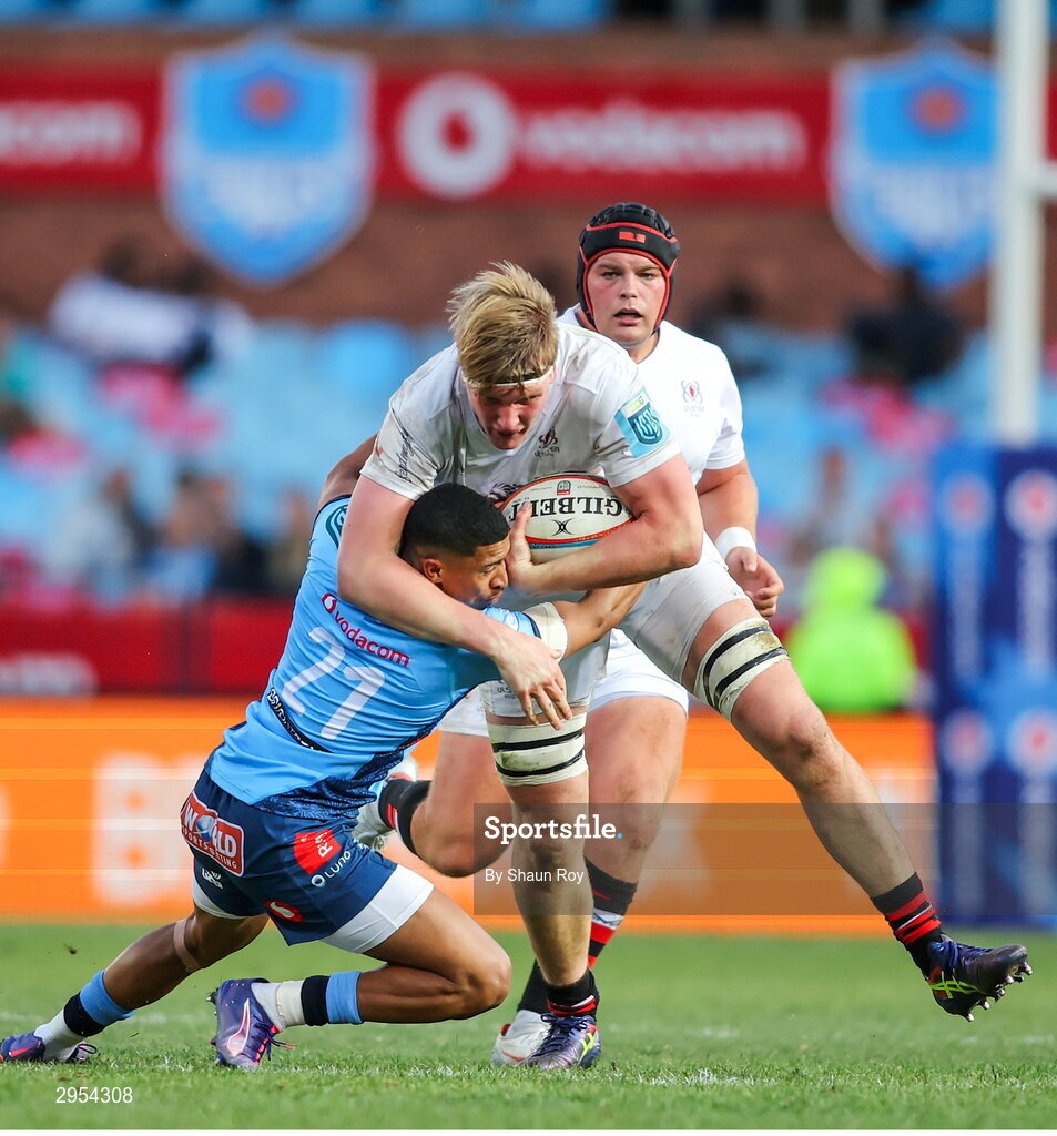 5 October 2024; Charlie Irvine of Ulster is tackled by Keagan Johannes of Vodacom Bulls during the United Rugby Championship match between Vodacom Bulls and Ulster at Loftus Versfeld Stadium in Pretoria, South Africa. Photo by Shaun Roy/Sportsfile