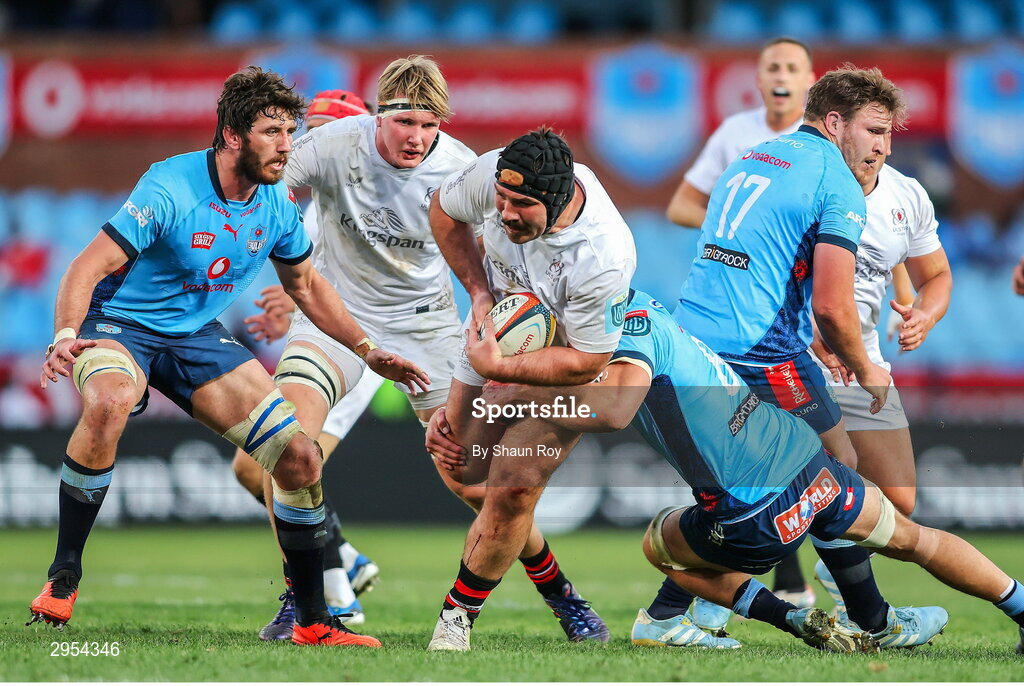 5 October 2024; Tom O’Toole of Ulster attempts to get past Cameron Hanekom of Vodacom Bulls during the United Rugby Championship match between Vodacom Bulls and Ulster at Loftus Versfeld Stadium in Pretoria, South Africa. Photo by Shaun Roy/Sportsfile