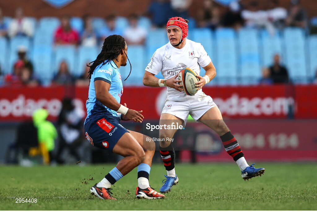 5 October 2024; Mike Lowry of Ulster attempts to get past Stedman Gans of Vodacom Bulls during the United Rugby Championship match between Vodacom Bulls and Ulster at Loftus Versfeld Stadium in Pretoria, South Africa. Photo by Shaun Roy/Sportsfile