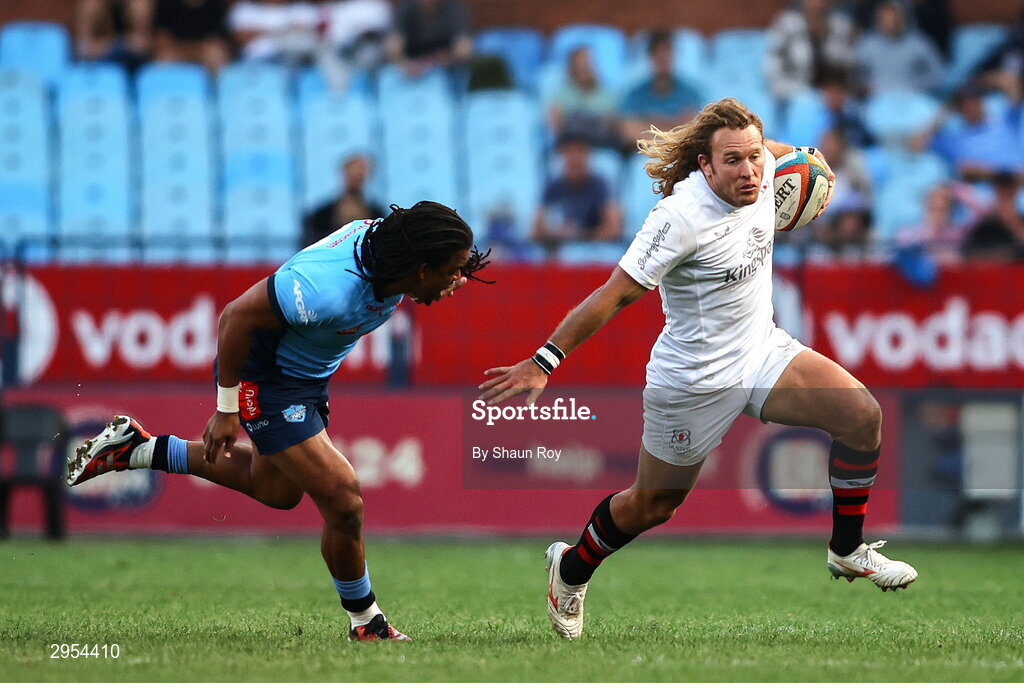 5 October 2024; Werner Kok of Ulster gets past Stedman Gans of Vodacom Bulls during the United Rugby Championship match between Vodacom Bulls and Ulster at Loftus Versfeld Stadium in Pretoria, South Africa. Photo by Shaun Roy/Sportsfile