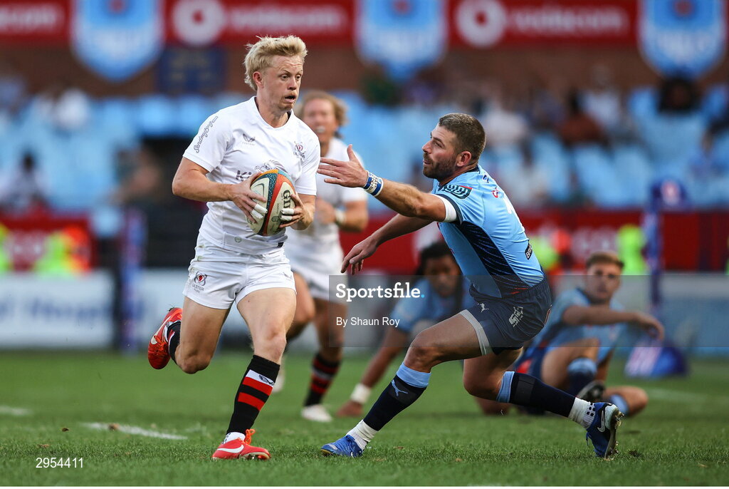 5 October 2024; Dave Shanahan of Ulster gets past Willie le Roux of Vodacom Bulls during the United Rugby Championship match between Vodacom Bulls and Ulster at Loftus Versfeld Stadium in Pretoria, South Africa. Photo by Shaun Roy/Sportsfile