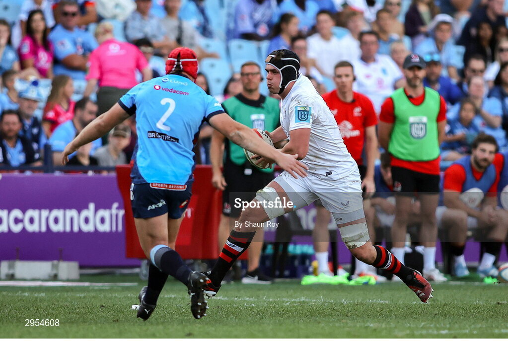 5 October 2024; James McNabney of Ulster attempts to get past Johan Grobbelaar of Vodacom Bulls during the United Rugby Championship match between Vodacom Bulls and Ulster at Loftus Versfeld Stadium in Pretoria, South Africa. Photo by Shaun Roy/Sportsfile