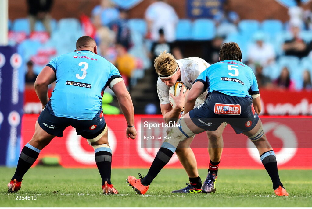 5 October 2024; Charlie Irvine of Ulster attempts to get past Wilco Louw of Vodacom Bulls and Vodacom Bulls captain Ruan Nortje during the United Rugby Championship match between Vodacom Bulls and Ulster at Loftus Versfeld Stadium in Pretoria, South Africa. Photo by Shaun Roy/Sportsfile