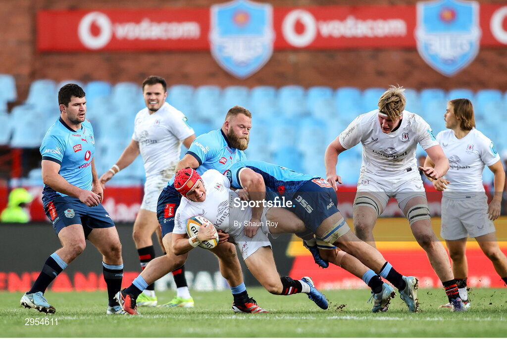 5 October 2024; Mike Lowry of Ulster is tackled by Cameron Hanekom of Vodacom Bulls during the United Rugby Championship match between Vodacom Bulls and Ulster at Loftus Versfeld Stadium in Pretoria, South Africa. Photo by Shaun Roy/Sportsfile