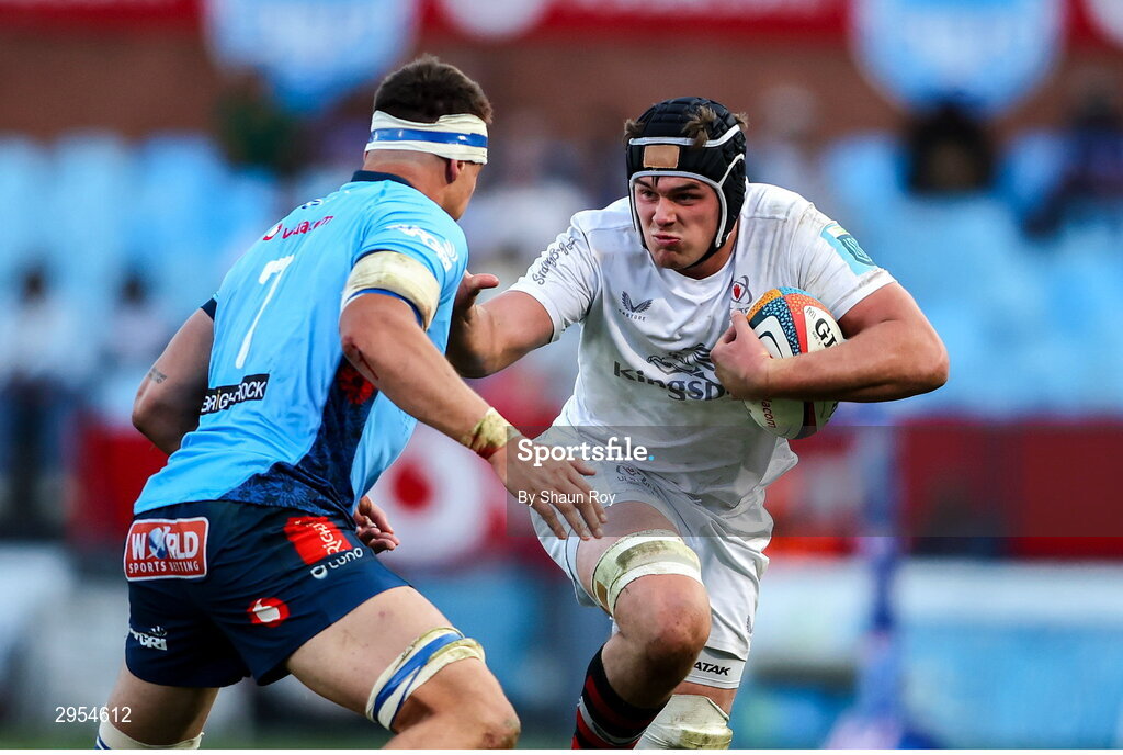 5 October 2024; James McNabney of Ulster attempts to get past Elrigh Louw of Vodacom Bulls during the United Rugby Championship match between Vodacom Bulls and Ulster at Loftus Versfeld Stadium in Pretoria, South Africa. Photo by Shaun Roy/Sportsfile