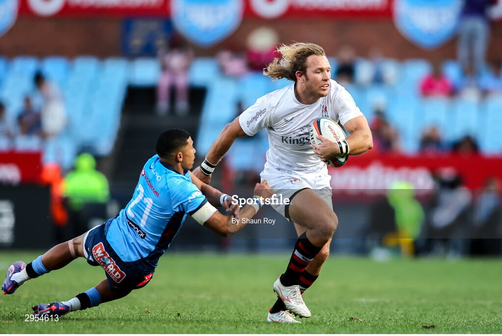 5 October 2024; Werner Kok of Ulster gets past Keagan Johannes of Vodacom Bulls attempted tackle during the United Rugby Championship match between Vodacom Bulls and Ulster at Loftus Versfeld Stadium in Pretoria, South Africa. Photo by Shaun Roy/Sportsfile