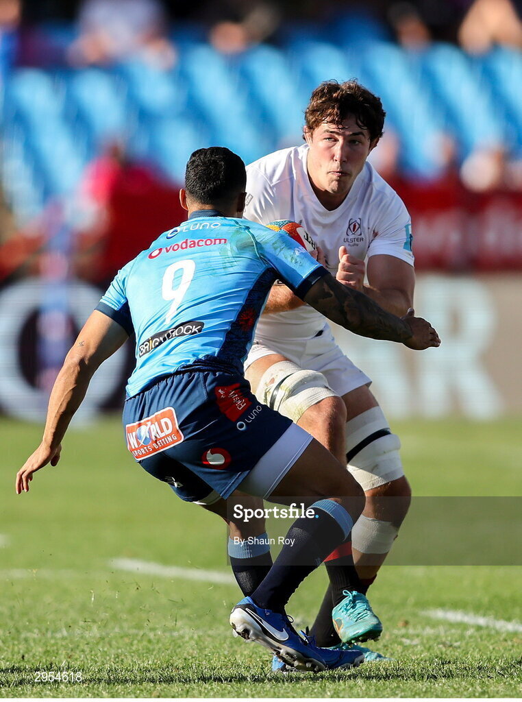 5 October 2024; David McCann of Ulster attempts to get past Embrose Papier of Vodacom Bulls during the United Rugby Championship match between Vodacom Bulls and Ulster at Loftus Versfeld Stadium in Pretoria, South Africa. Photo by Shaun Roy/Sportsfile