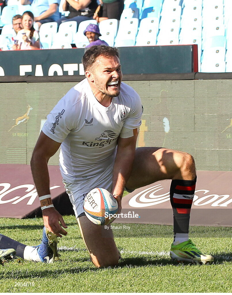 5 October 2024; Jacob Stockdale of Ulster celebrates scoring a try during the United Rugby Championship match between Vodacom Bulls and Ulster at Loftus Versfeld Stadium in Pretoria, South Africa. Photo by Shaun Roy/Sportsfile