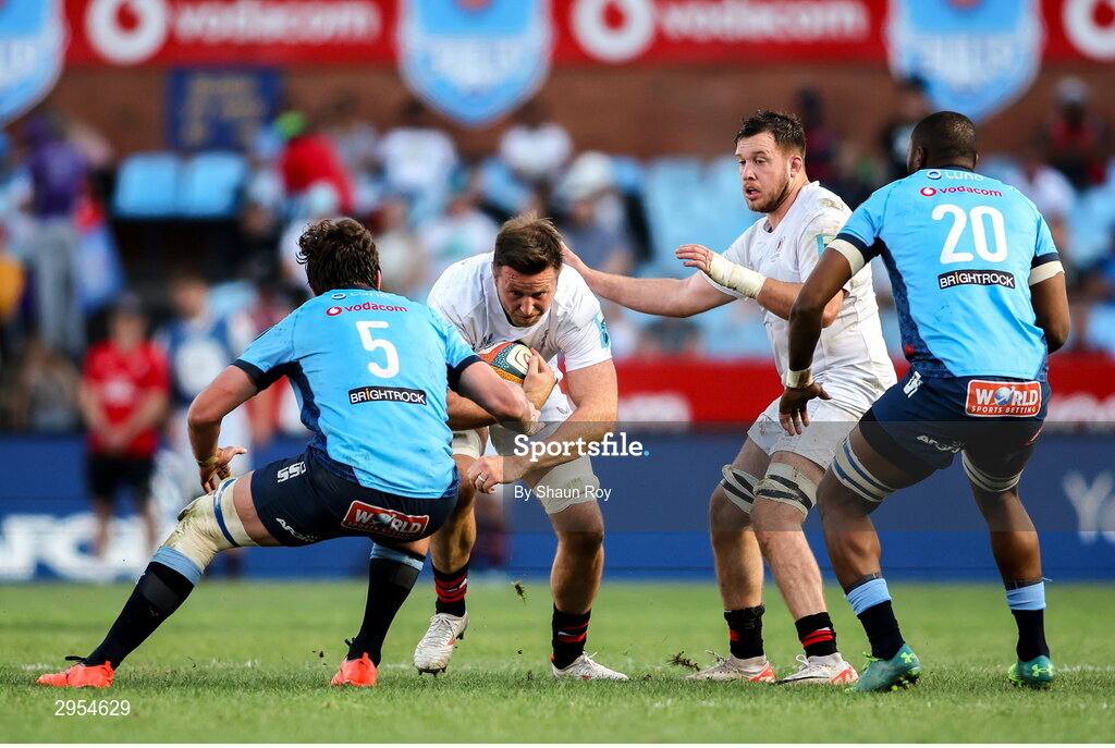 5 October 2024; Alan O’Connor of Ulster attempts to get past Vodacom Bulls captain Ruan Nortje during the United Rugby Championship match between Vodacom Bulls and Ulster at Loftus Versfeld Stadium in Pretoria, South Africa. Photo by Shaun Roy/Sportsfile