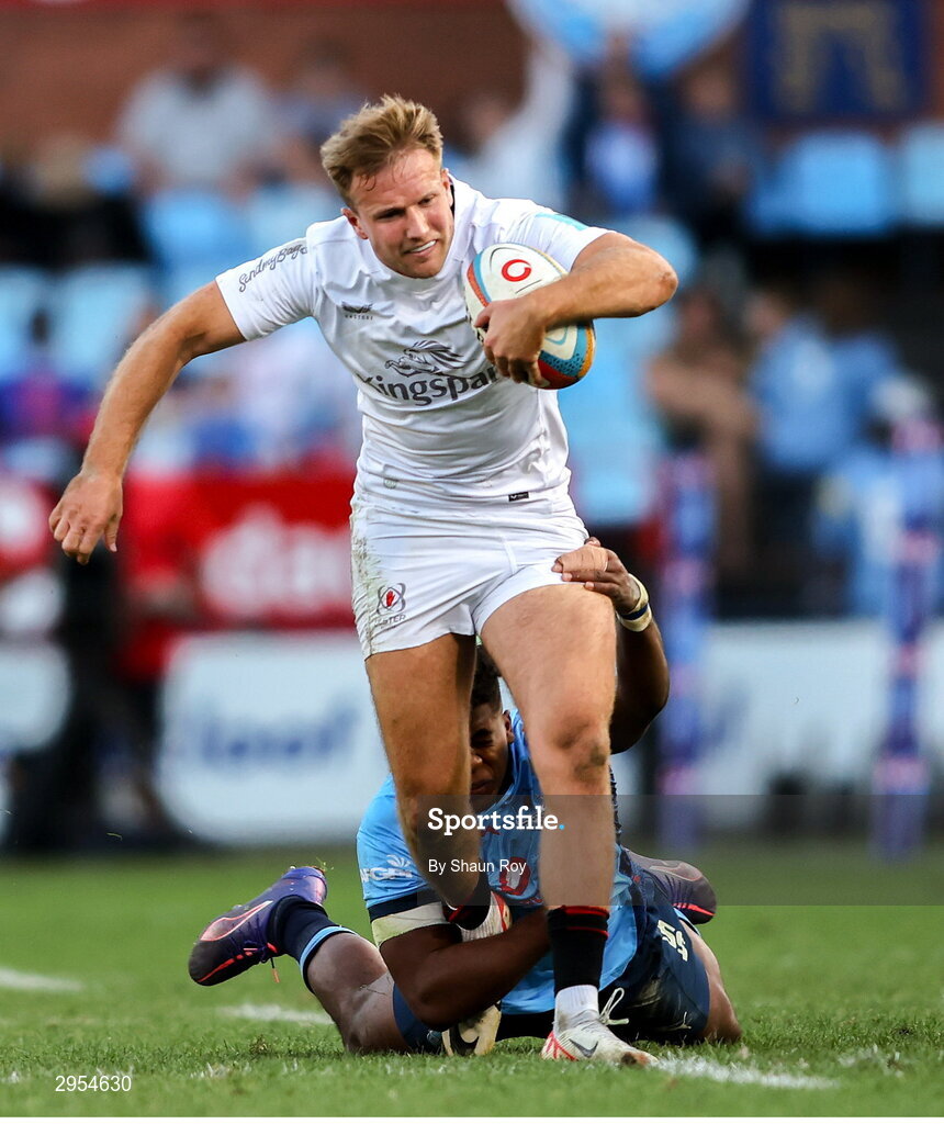 5 October 2024; Stewart Moore of Ulster attempts to slip Canan Moodie of Vodacom Bulls tackle during the United Rugby Championship match between Vodacom Bulls and Ulster at Loftus Versfeld Stadium in Pretoria, South Africa. Photo by Shaun Roy/Sportsfile