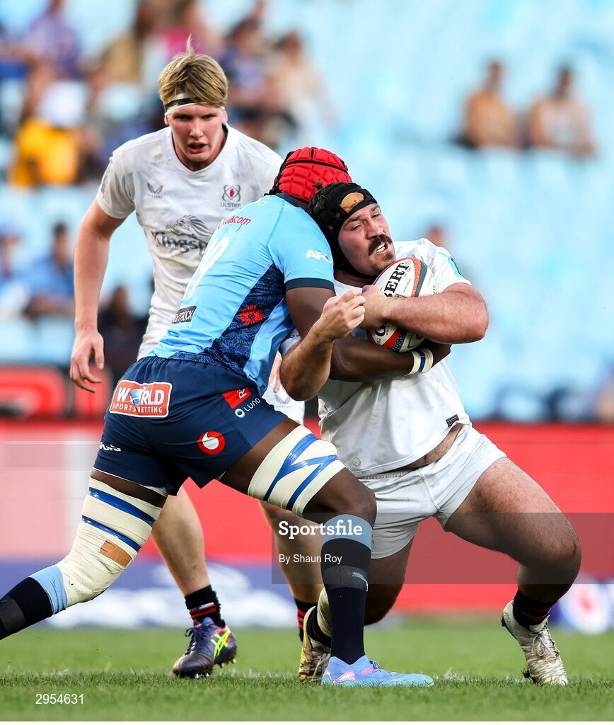 5 October 2024; Sintu Manjezi of Vodacom Bulls tackles Tom O’Toole of Ulster during the United Rugby Championship match between Vodacom Bulls and Ulster at Loftus Versfeld Stadium in Pretoria, South Africa. Photo by Shaun Roy/Sportsfile
