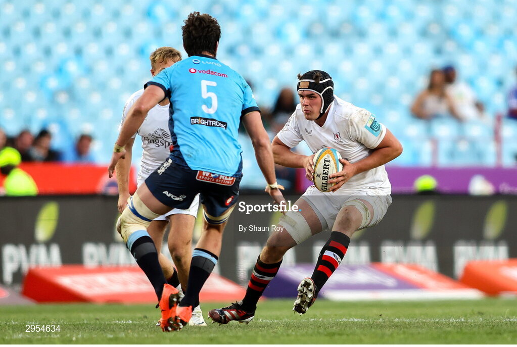 5 October 2024; Charlie Irvine of Ulster attempts to get past Vodacom Bulls captain Ruan Nortje during the United Rugby Championship match between Vodacom Bulls and Ulster at Loftus Versfeld Stadium in Pretoria, South Africa. Photo by Shaun Roy/Sportsfile