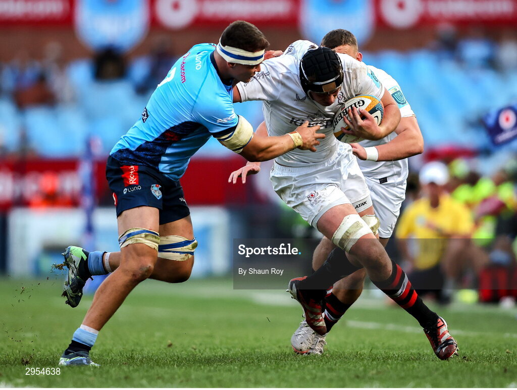5 October 2024; Elrigh Louw of Vodacom Bulls tackles James McNabney of Ulster during the United Rugby Championship match between Vodacom Bulls and Ulster at Loftus Versfeld Stadium in Pretoria, South Africa. Photo by Shaun Roy/Sportsfile