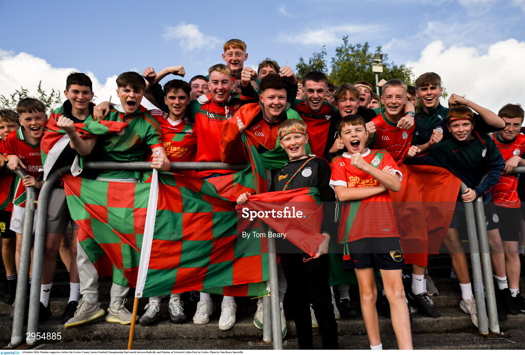 6 October 2024; Palatine supporters before the Carlow County Senior Football Championship final match between Rathvilly and Palatine at Netwatch Cullen Park in Carlow. Photo by Tom Beary/Sportsfile