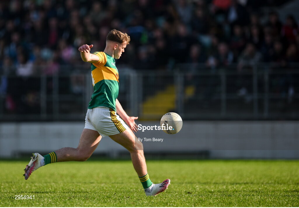 6 October 2024; Kevin Murphy of Rathvilly scores a point from a free during the Carlow County Senior Football Championship final match between Rathvilly and Palatine at Netwatch Cullen Park in Carlow. Photo by Tom Beary/Sportsfile