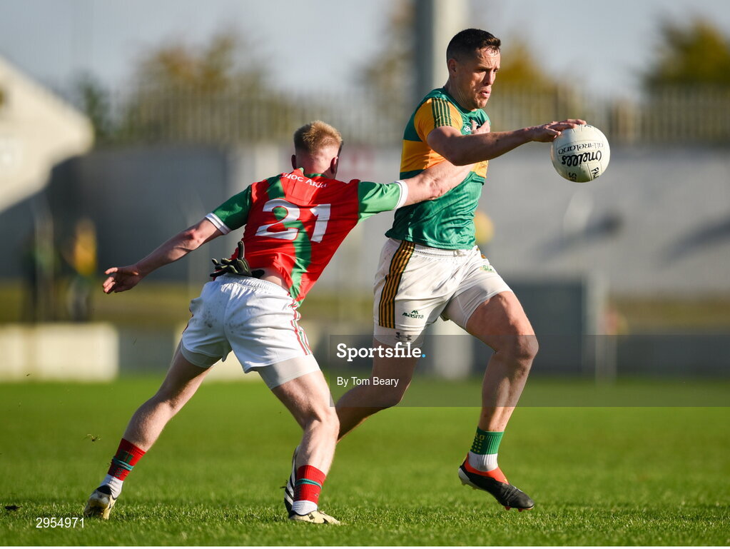6 October 2024; Brendan Murphy of Rathvilly is tackled by Brandon Cassidy of Palatine during the Carlow County Senior Football Championship final match between Rathvilly and Palatine at Netwatch Cullen Park in Carlow. Photo by Tom Beary/Sportsfile
