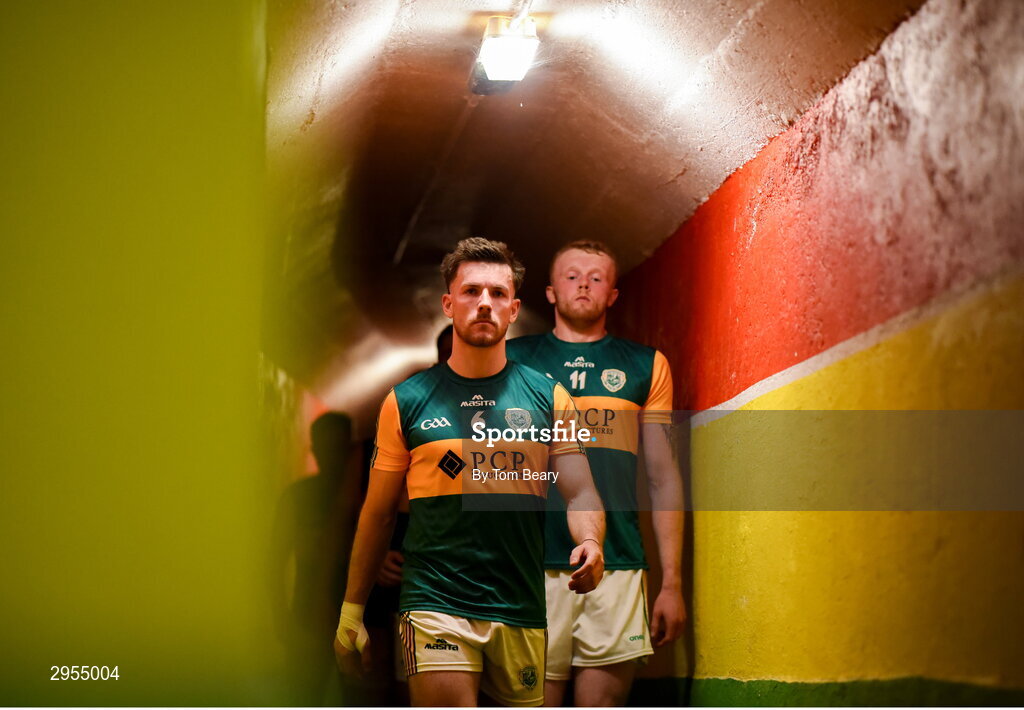 6 October 2024; Rathvilly captain Josh Moore leads his side out for the second half of the Carlow County Senior Football Championship final match between Rathvilly and Palatine at Netwatch Cullen Park in Carlow. Photo by Tom Beary/Sportsfile