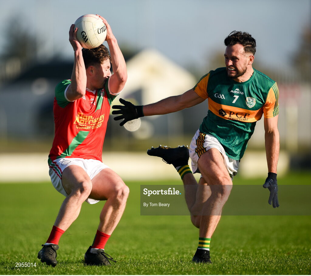 6 October 2024; Conor Crowley of Palatine in action against Eric Molloy of Rathvilly during the Carlow County Senior Football Championship final match between Rathvilly and Palatine at Netwatch Cullen Park in Carlow. Photo by Tom Beary/Sportsfile
