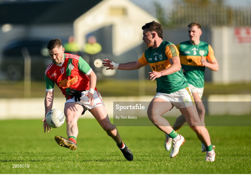 6 October 2024; Stephen Reilly of Palatine in action against Josh Moore of Rathvilly during the Carlow County Senior Football Championship final match between Rathvilly and Palatine at Netwatch Cullen Park in Carlow. Photo by Tom Beary/Sportsfile