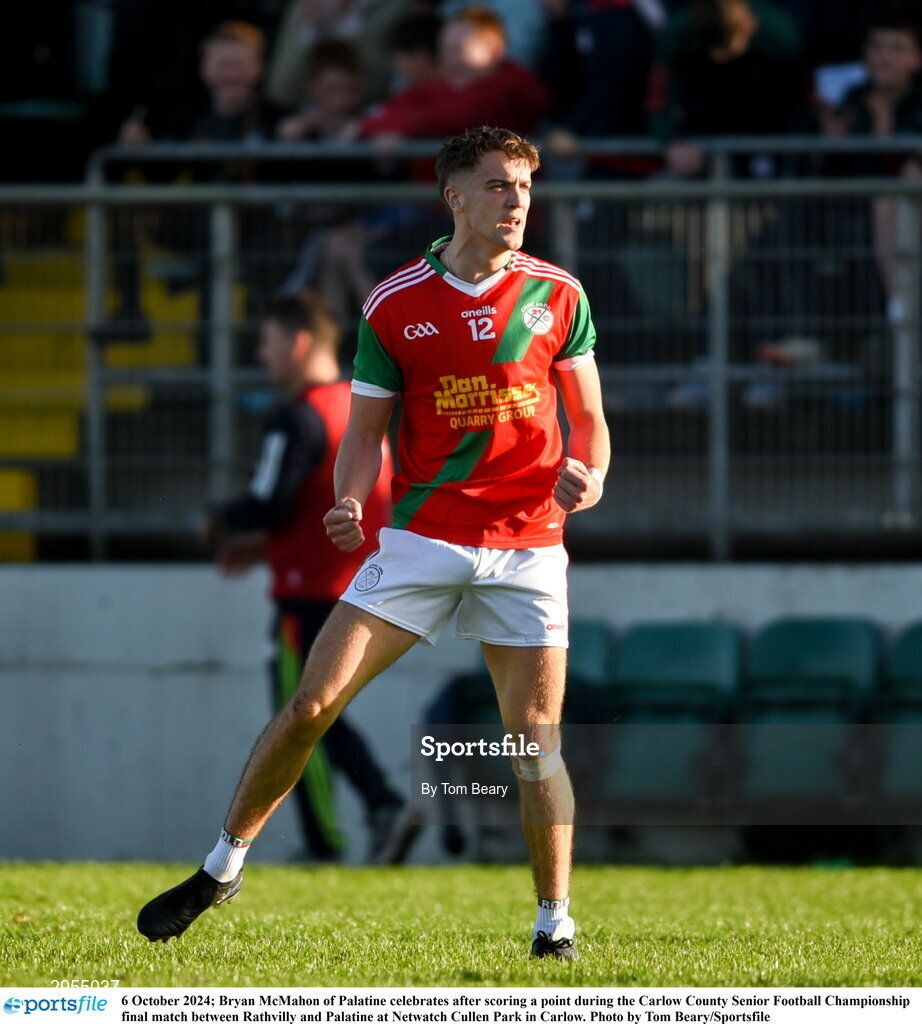 6 October 2024; Bryan McMahon of Palatine celebrates after scoring a point during the Carlow County Senior Football Championship final match between Rathvilly and Palatine at Netwatch Cullen Park in Carlow. Photo by Tom Beary/Sportsfile