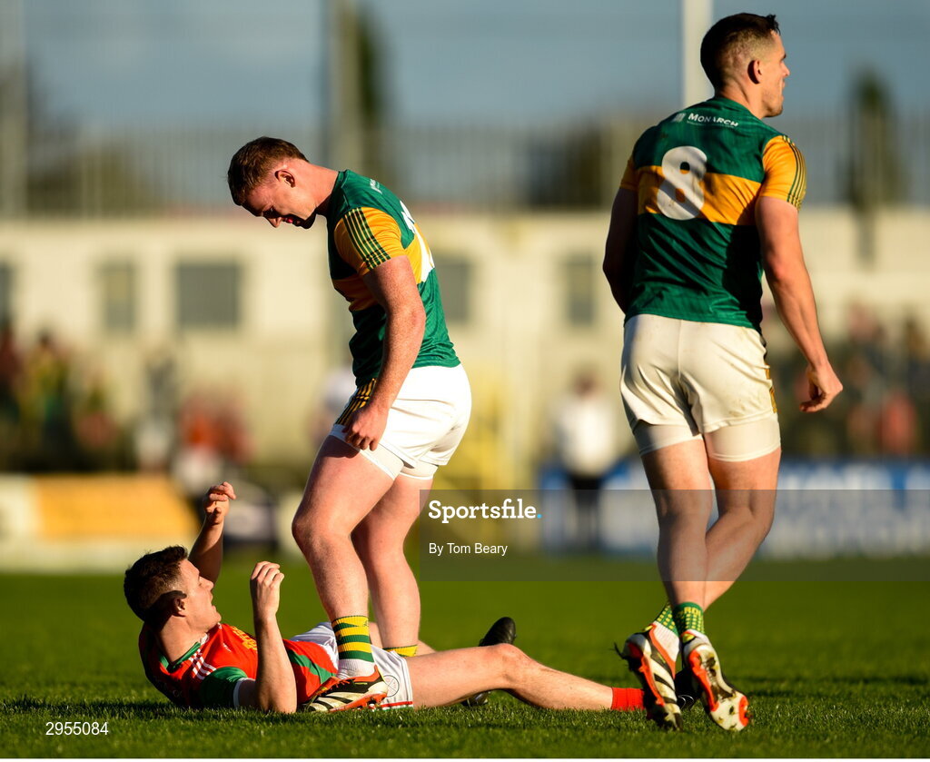 6 October 2024; Darragh Murphy of Rathvilly and Ciaran Moran of Palatine during the Carlow County Senior Football Championship final match between Rathvilly and Palatine at Netwatch Cullen Park in Carlow. Photo by Tom Beary/Sportsfile