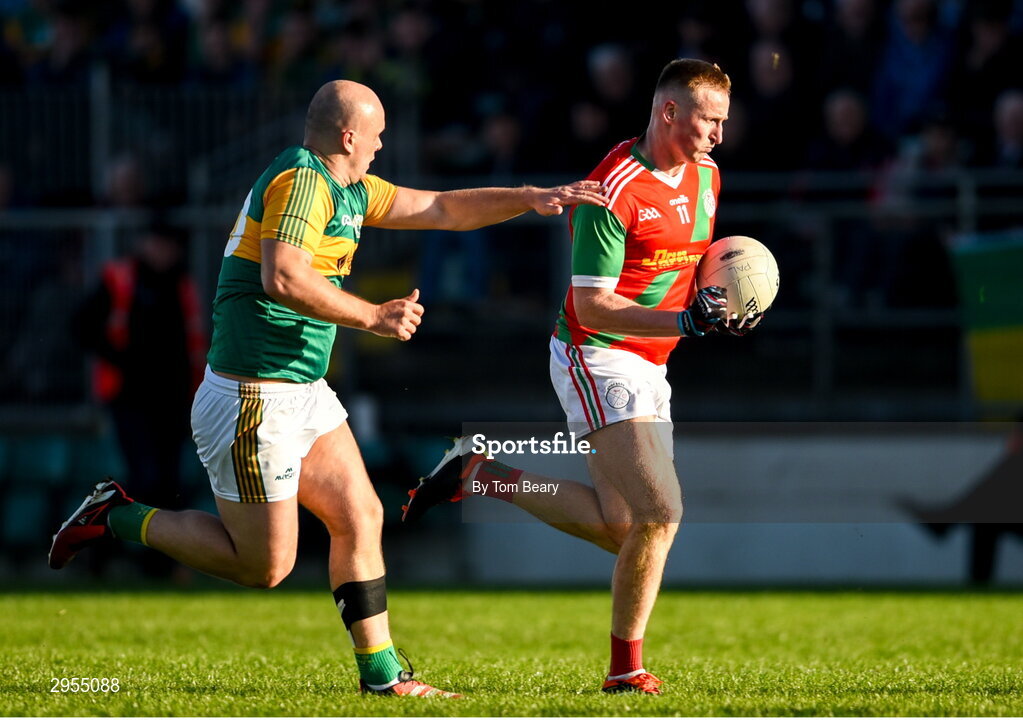 6 October 2024; Shane O'Neill of Palatine in action against Brian Smith of Rathvilly during the Carlow County Senior Football Championship final match between Rathvilly and Palatine at Netwatch Cullen Park in Carlow. Photo by Tom Beary/Sportsfile