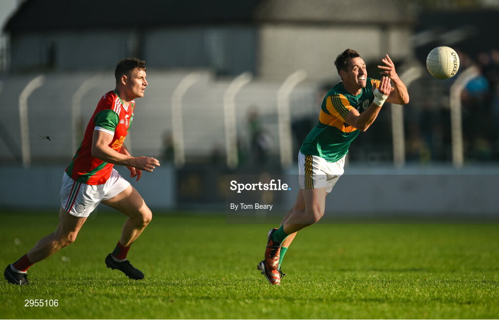 6 October 2024; Ed Finnegan of Rathvilly in action against Ciaran Moran of Palatine during the Carlow County Senior Football Championship final match between Rathvilly and Palatine at Netwatch Cullen Park in Carlow. Photo by Tom Beary/Sportsfile