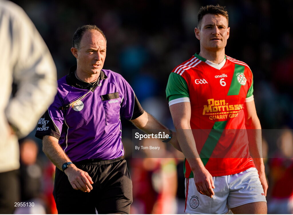 6 October 2024; Referee John Hickey and Ciaran Moran of Palatine after the drawn Carlow County Senior Football Championship final match between Rathvilly and Palatine at Netwatch Cullen Park in Carlow. Photo by Tom Beary/Sportsfile