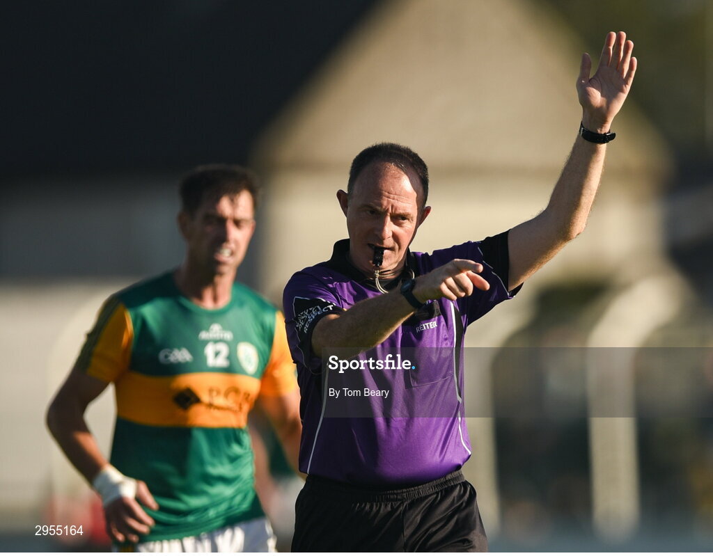 6 October 2024; Referee John Hickey during the Carlow County Senior Football Championship final match between Rathvilly and Palatine at Netwatch Cullen Park in Carlow. Photo by Tom Beary/Sportsfile