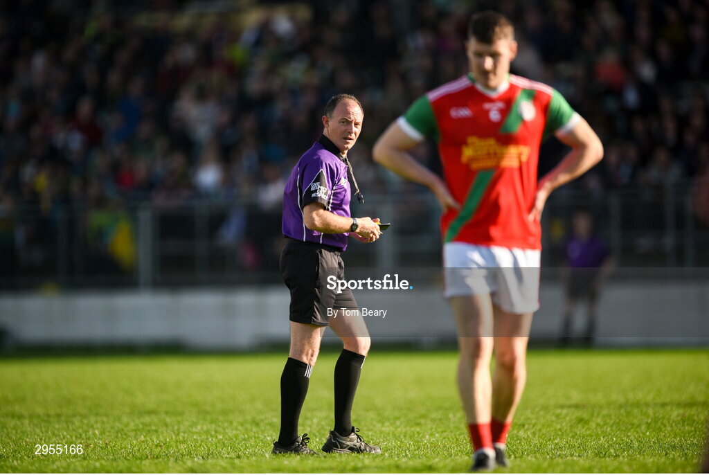 6 October 2024; Referee John Hickey during the Carlow County Senior Football Championship final match between Rathvilly and Palatine at Netwatch Cullen Park in Carlow. Photo by Tom Beary/Sportsfile