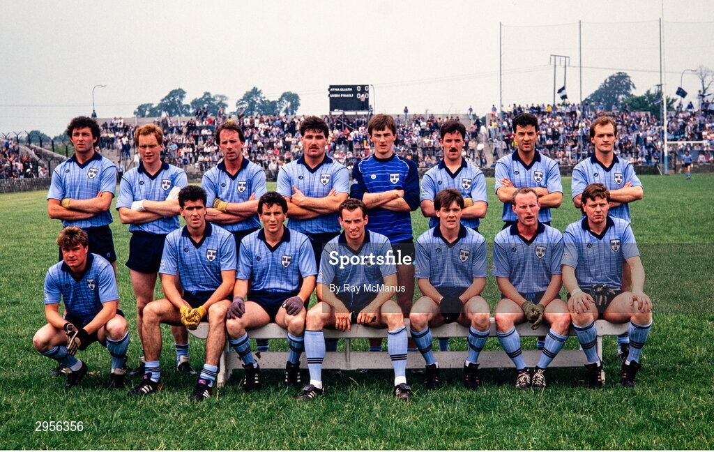 29 June 1986; The Dublin team, back, from left, Tommy Conroy, Barney Rock, Mick Kennedy, Joe McNally, John O'Leary, Dave Synnott, Gerry Hargan and Leo Close, with, front, from left, Charlie Redmond, Jim Bisset, PJ Buckley, Tommy Carr, Pat Canavan, Noel McCaffrey and Jim Roynane before the Leinster Senior Football Championship Semi-final match between Dublin and Offaly in O'Moore Park in Portlaoise, Laois. Photo by Ray McManus/Sportsfile