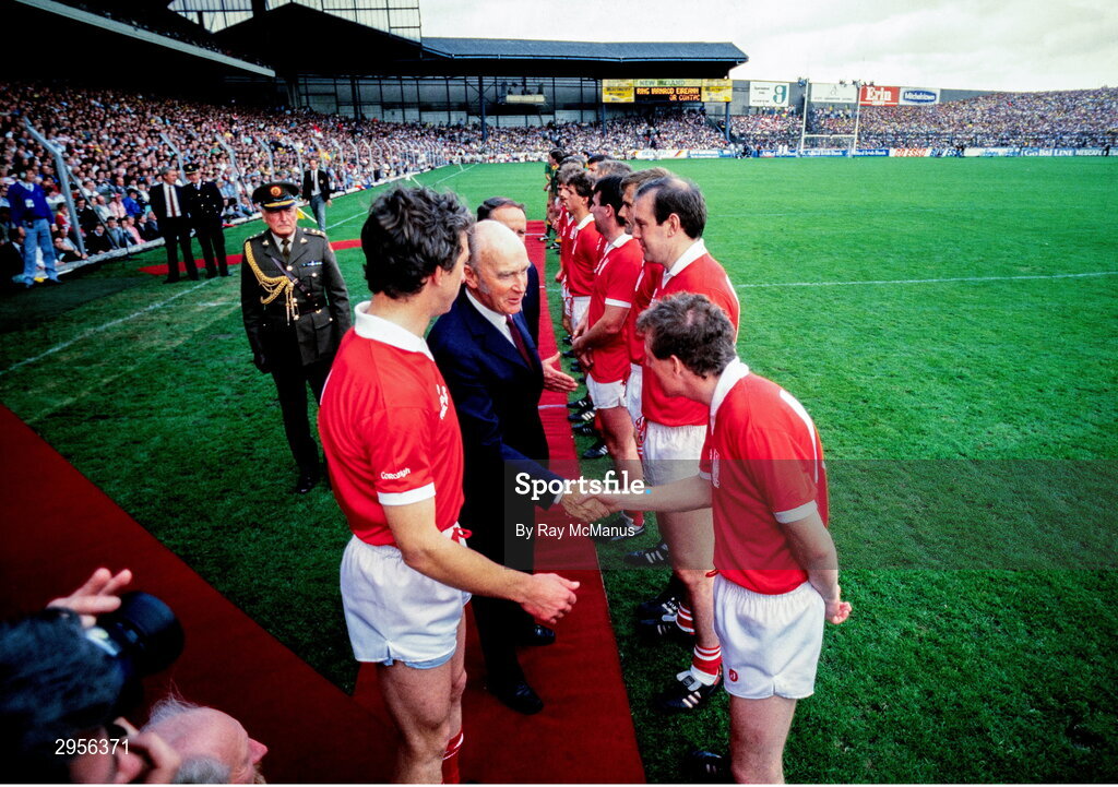 20 September 1987; Cork players shake hands with President of Ireland Dr Patrick Hillery before the All-Ireland Senior Football Championship Final match between Meath and Cork at Croke Park in Dublin. Photo by Ray McManus/Sportsfile