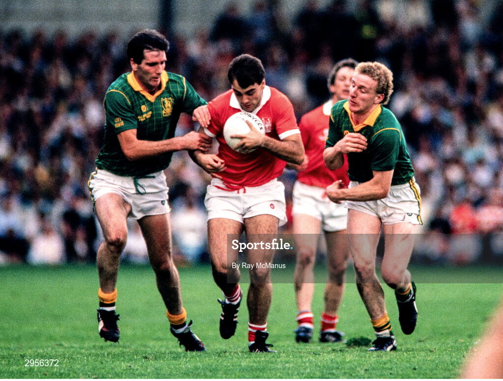 20 September 1987; Tony Nation of Cork in action against Joe Cassells, left and Martin O'Connell of Meath during the All-Ireland Senior Football Championship Final match between Meath and Cork at Croke Park in Dublin. Photo by Ray McManus/Sportsfile