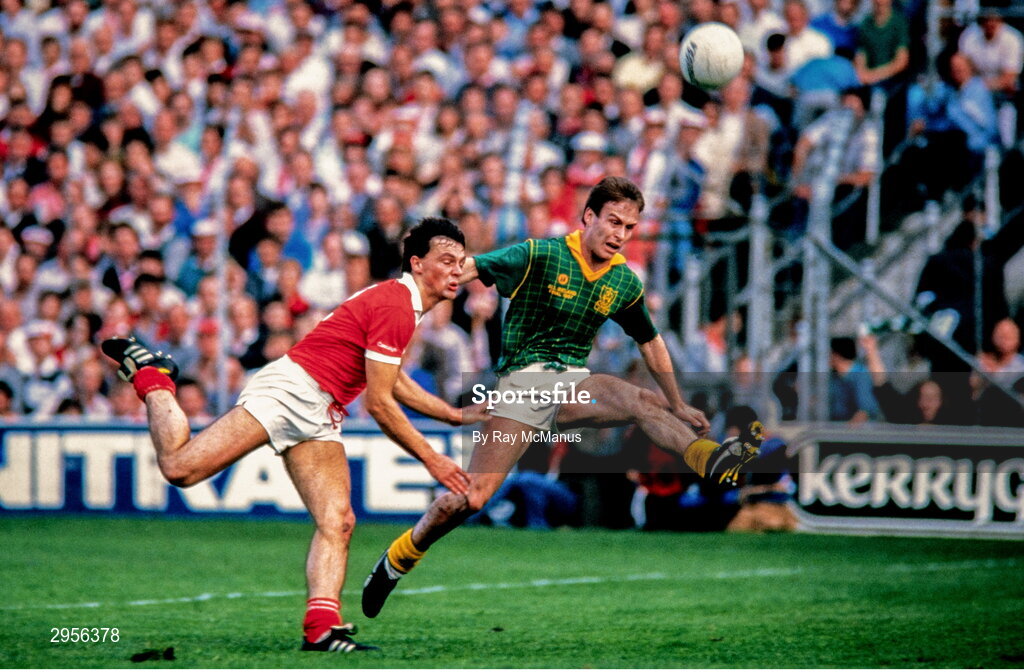 20 September 1987; Bernard Flynn of Meath in action against Tony Davis of Cork during the All-Ireland Senior Football Championship Final match between Meath and Cork at Croke Park in Dublin. Photo by Ray McManus/Sportsfile