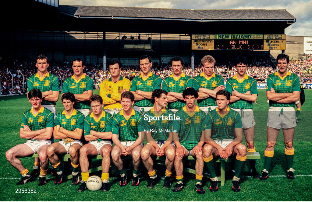 20 September 1987; The Meath team, back, from left, Colm O'Rourke, Mick Lyons, Michael McQuillan, Gerry McEntee, Brian Stafford, Martin O'Connell, David Beggy, and Joe Cassels, with, front, from left, PJ Gillic, Terry Ferguson, Bernard Flynn, Robbie O'Malley, Liam Harnan, Kevin Foley and Liam Hayes before the All-Ireland Senior Football Championship Final match between Meath and Cork at Croke Park in Dublin. Photo by Ray McManus/Sportsfile