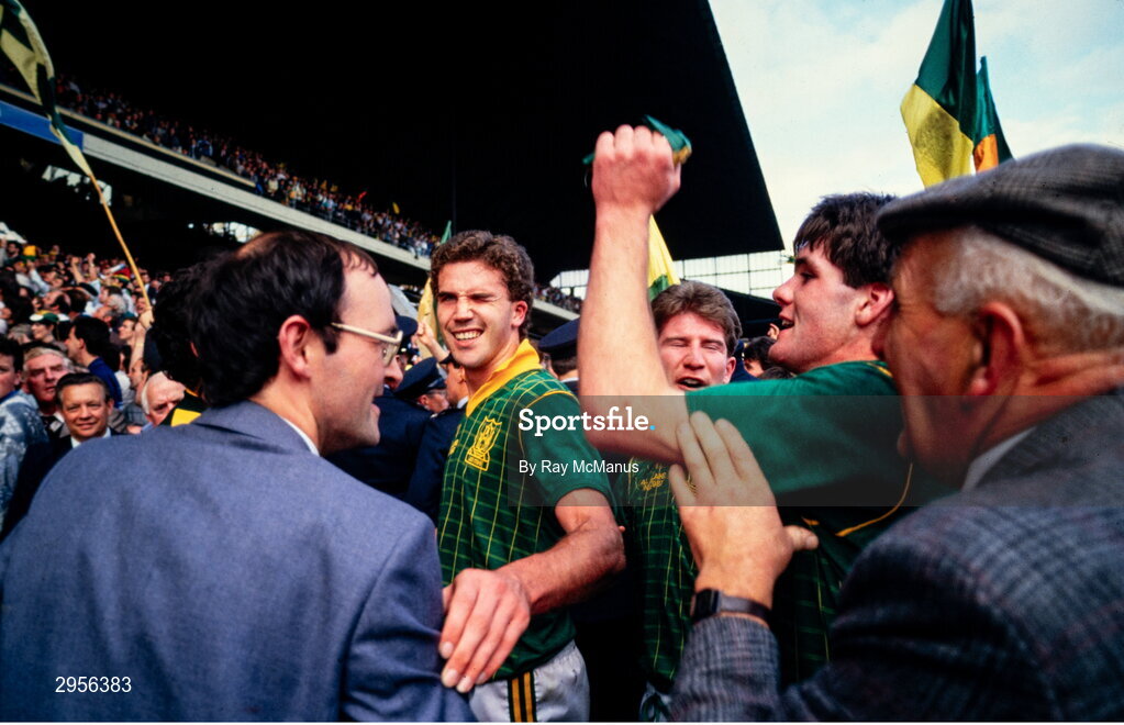 20 September 1987; Liam Hayes, Robbie O'Malley and PJ Gillick of Meath celebrate after the All-Ireland Senior Football Championship Final match between Meath and Cork at Croke Park in Dublin. Photo by Ray McManus/Sportsfile