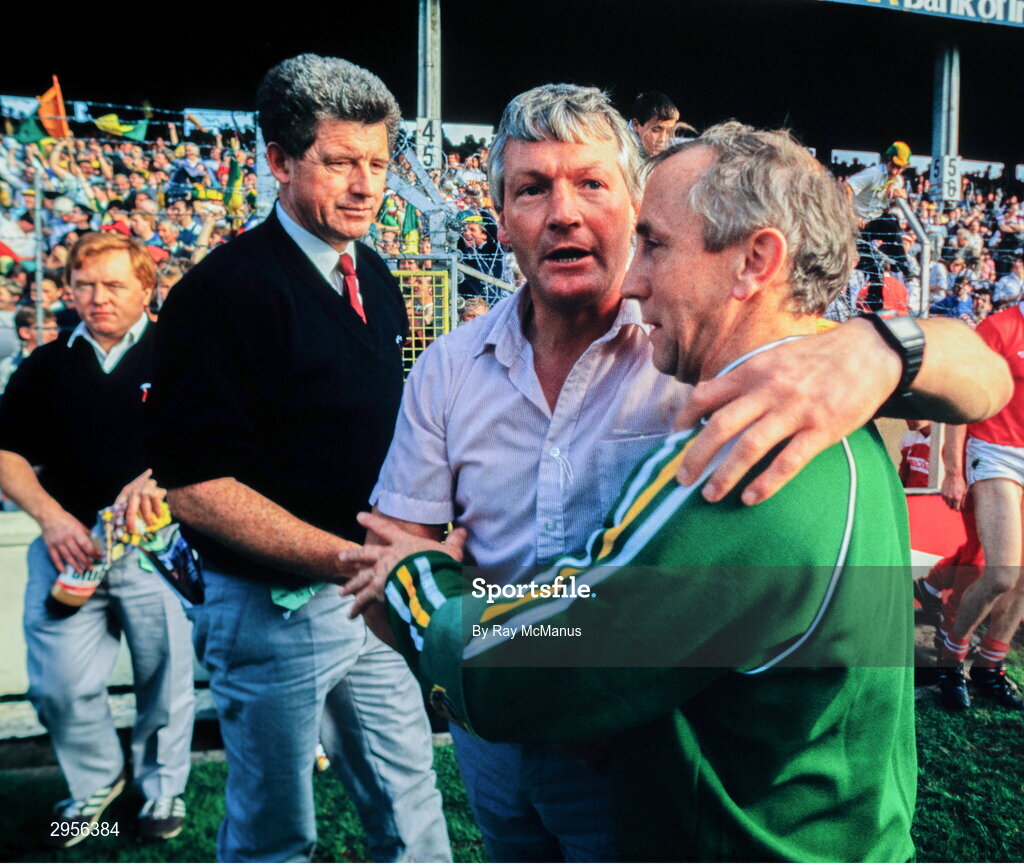 20 September 1987; Meath manager Sean Boylan, right, and Cork manager Billy Morgan after the All-Ireland Senior Football Championship Final match between Meath and Cork at Croke Park in Dublin. Photo by Ray McManus/Sportsfile