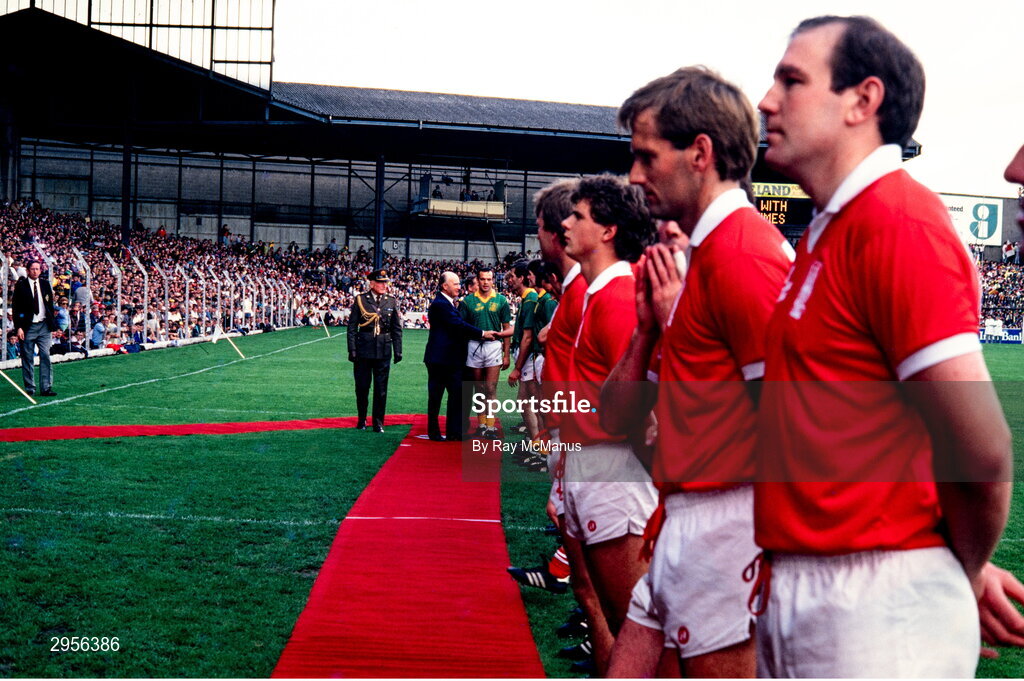 20 September 1987; President of Ireland Dr. Patrick Hillery is introduced to the Meath team by Meath captain Mick Lyons before the All-Ireland Senior Football Championship Final match between Meath and Cork at Croke Park in Dublin. Photo by Ray McManus/Sportsfile