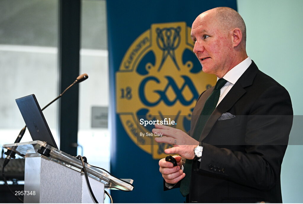 10 October 2024; GAA Football Review Committee chairperson Jim Gavin speaking during a briefing of the GAA Football Review Committee at Croke Park in Dublin. Photo by Seb Daly/Sportsfile