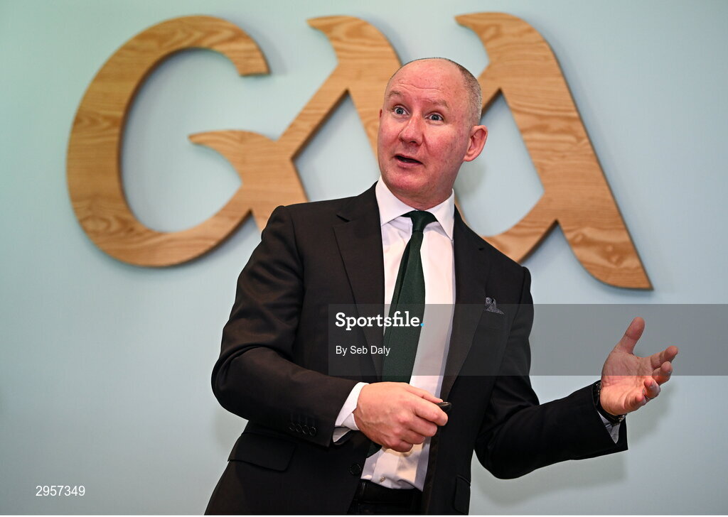 10 October 2024; GAA Football Review Committee chairperson Jim Gavin speaking during a briefing of the GAA Football Review Committee at Croke Park in Dublin. Photo by Seb Daly/Sportsfile