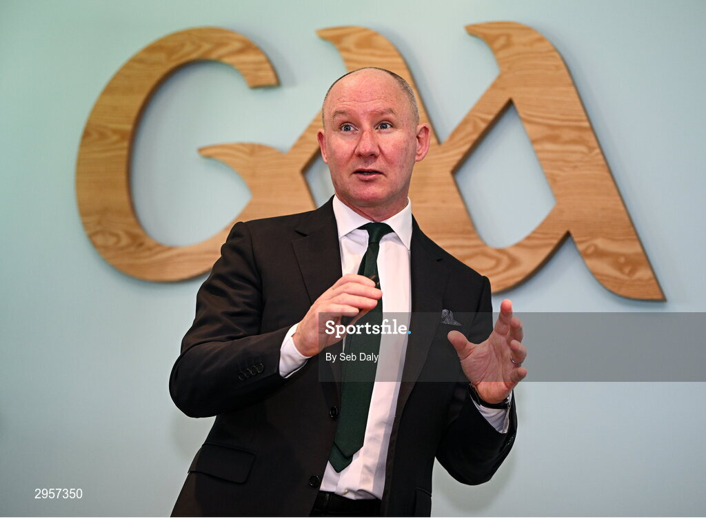 10 October 2024; GAA Football Review Committee chairperson Jim Gavin speaking during a briefing of the GAA Football Review Committee at Croke Park in Dublin. Photo by Seb Daly/Sportsfile