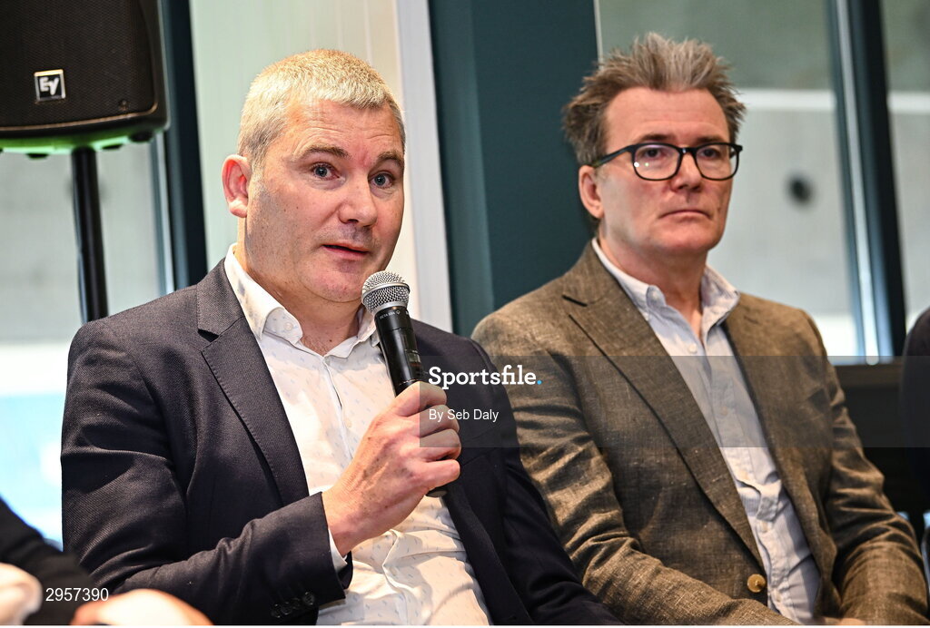 10 October 2024; GAA Football Review Committee member James Horan, left, speaking during a briefing of the GAA Football Review Committee at Croke Park in Dublin. Photo by Seb Daly/Sportsfile