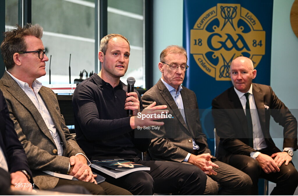 10 October 2024; GAA Football Review Committee member Michael Murphy, second left, speaking during a briefing of the GAA Football Review Committee at Croke Park in Dublin. Photo by Seb Daly/Sportsfile