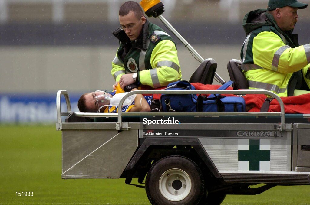 22 August 2004; Clare's Dara Blake is carried off the pitch after receiving an injury. Tommy Murphy Cup Final, Clare v Sligo, Croke Park, Dublin. Picture credit; Damien Eagers / SPORTSFILE