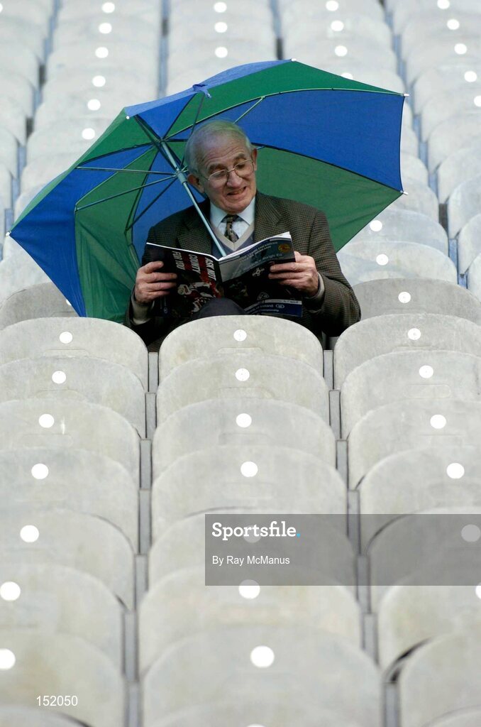22 August 2004; Fermanagh supporter Hugh Murray, from Rosslea, reads his programme before the start of the first match. Bank of Ireland Senior Football Championship Semi-Final, Mayo v Fermanagh, Croke Park, Dublin. Picture credit; Ray McManus / SPORTSFILE