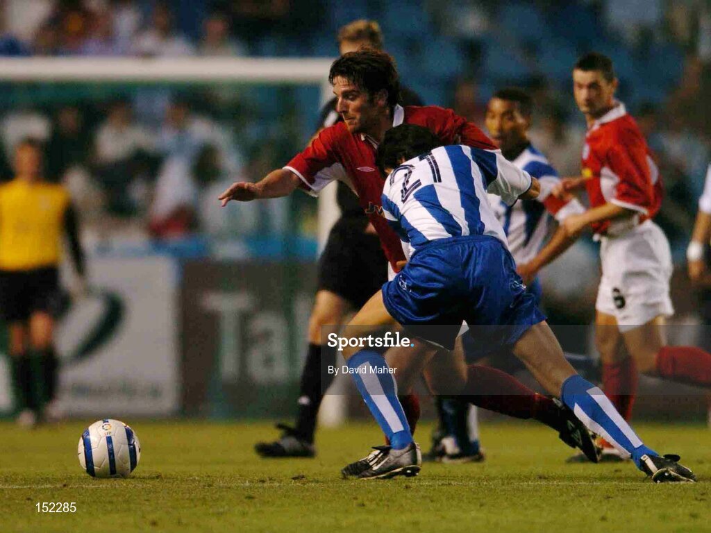 24 August 2004; Stuart Byrne, Shelbourne, in action against Juan Carlos Valeron, Deportivo La Coruna. UEFA Champions League, 3rd Round Second Leg Qualifier, Deportivo La Coruna v Shelbourne, Riazor stadium. La Coruna, Spain. Picture credit; David Maher / SPORTSFILE