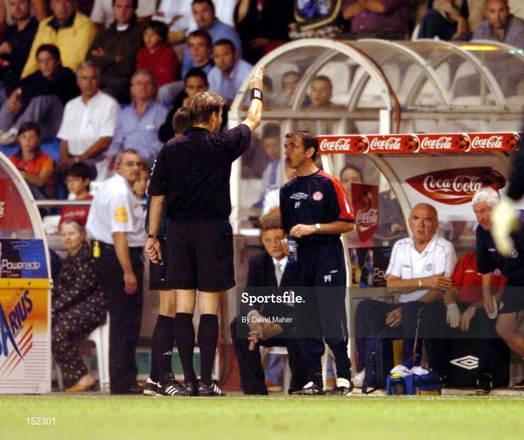 24 August 2004; Pat Fenlon, Shelbourne manager, is sent off by referee Alain Hamer during the second half. UEFA Champions League, 3rd Round Second Leg Qualifier, Deportivo La Coruna v Shelbourne, Riazor stadium. La Coruna, Spain. Picture credit; David Maher / SPORTSFILE